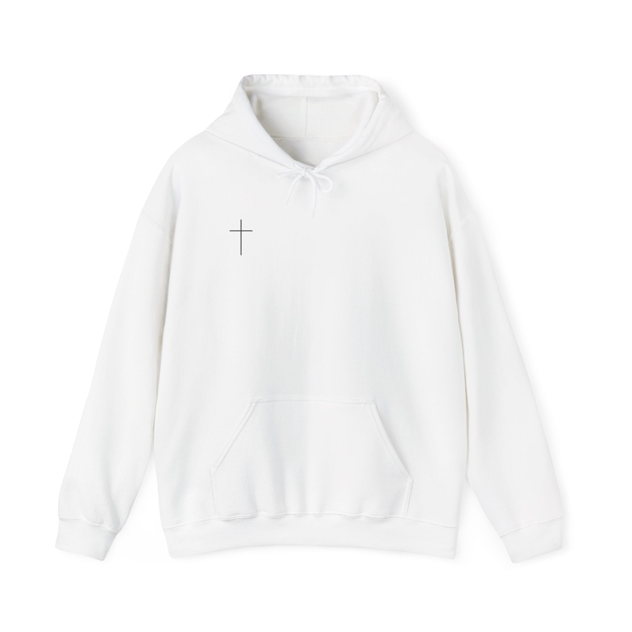 Minimal Cross Hoodie — Small Chest Cross Graphic Pullover