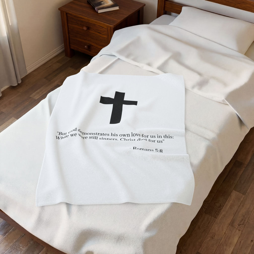 Christian Cross Velveteen Plush Blanket — Romans 5:8 Scripture Throw