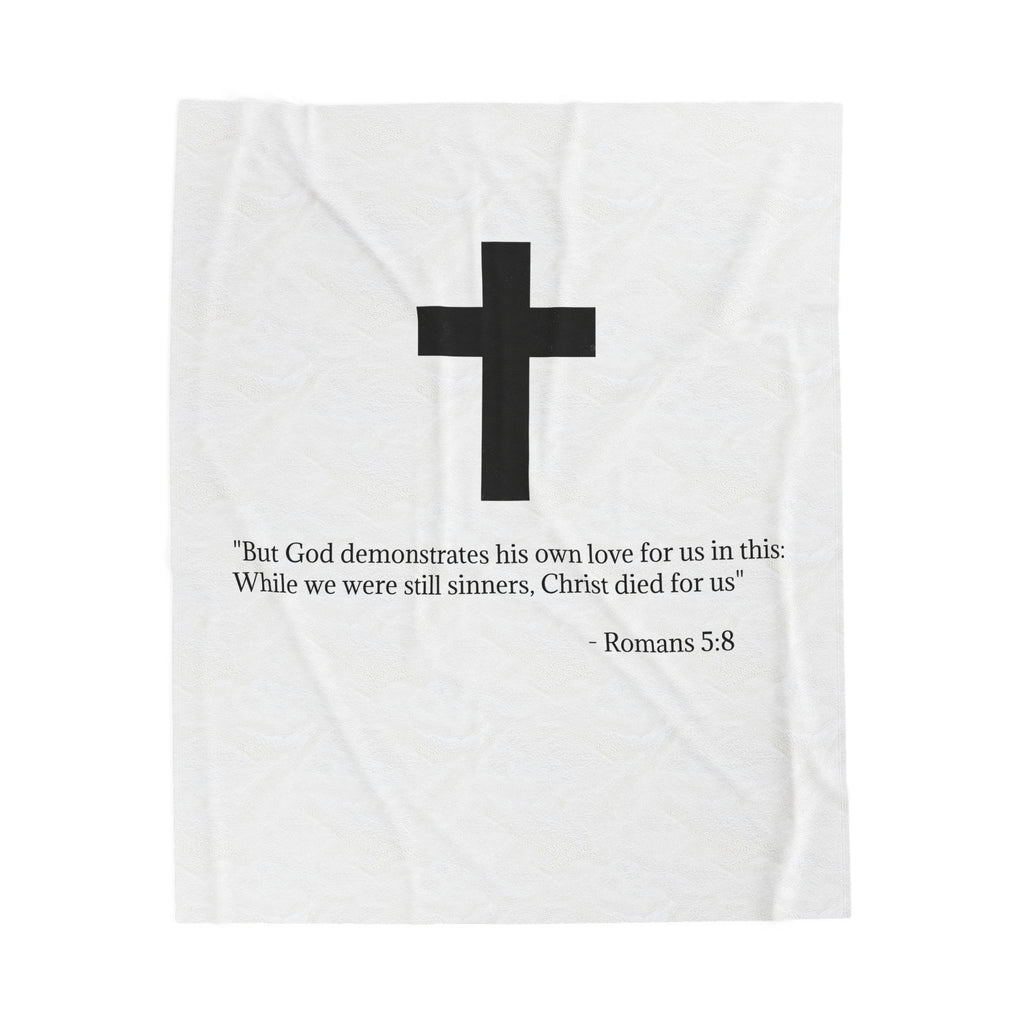 Christian Cross Velveteen Plush Blanket — Romans 5:8 Scripture Throw