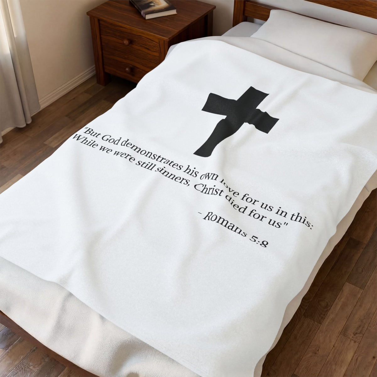 Christian Cross Velveteen Plush Blanket — Romans 5:8 Scripture Throw