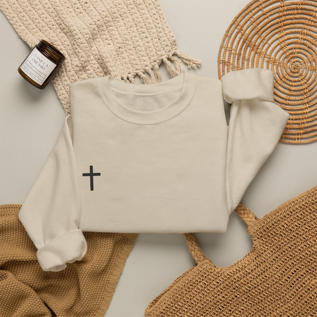 Cross Chest Crewneck Sweatshirt - Minimal Small Cross Christian Pullover