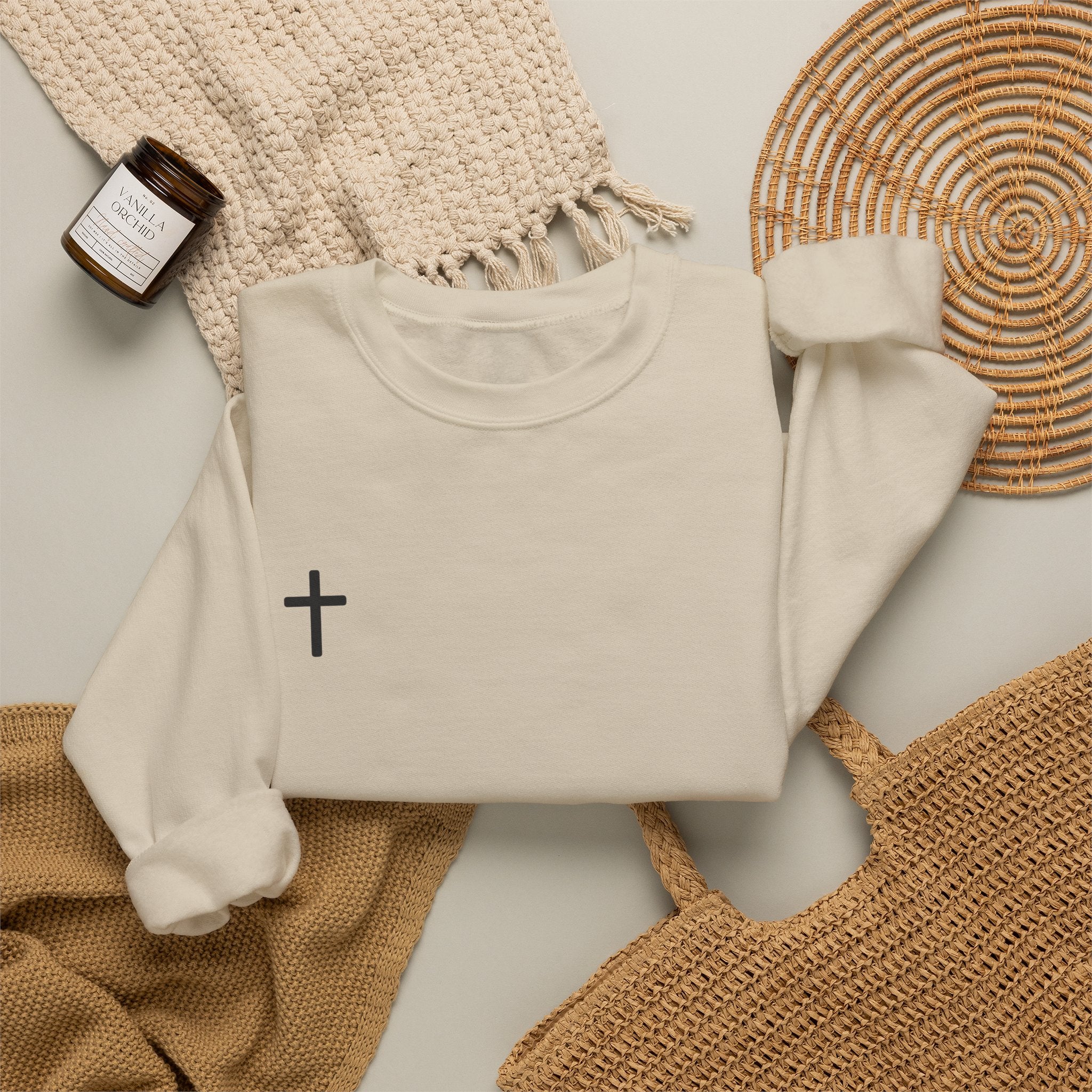 Cross Chest Crewneck Sweatshirt - Minimal Small Cross Christian Pullover