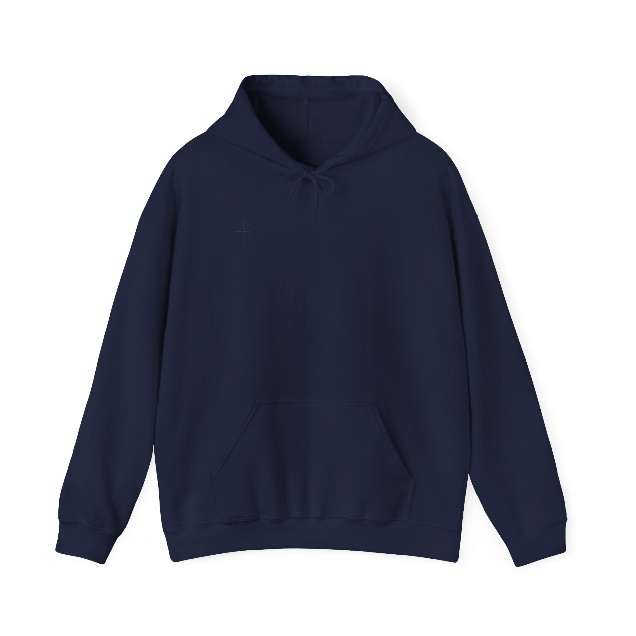 Minimal Cross Hoodie — Small Chest Cross Graphic Pullover