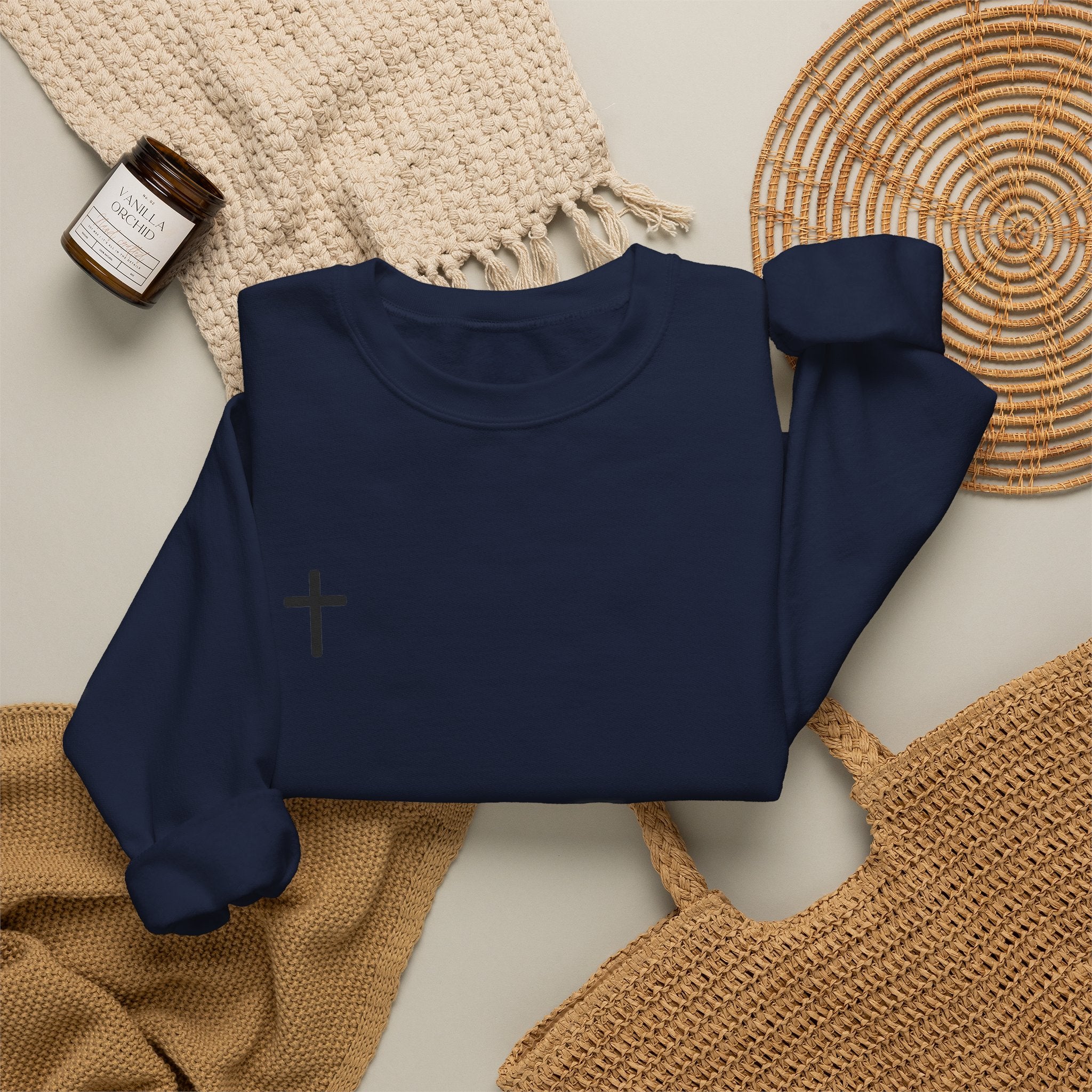 Cross Chest Crewneck Sweatshirt - Minimal Small Cross Christian Pullover