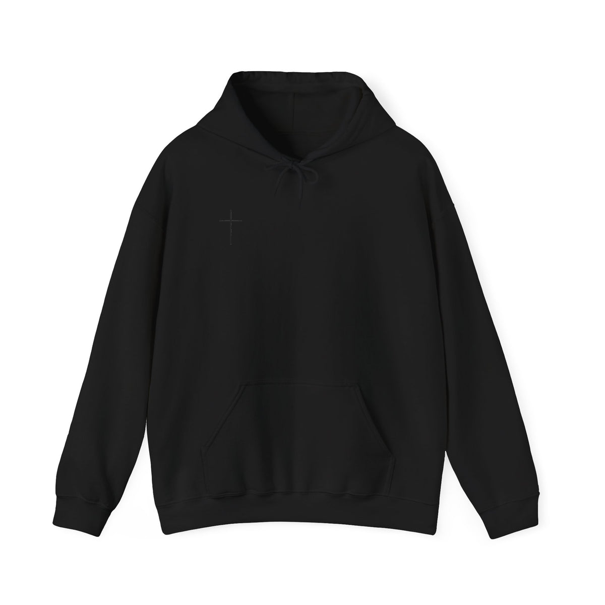 Minimal Cross Hoodie — Small Chest Cross Graphic Pullover