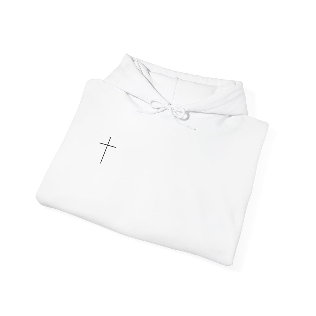 Minimal Cross Hoodie — Small Chest Cross Graphic Pullover