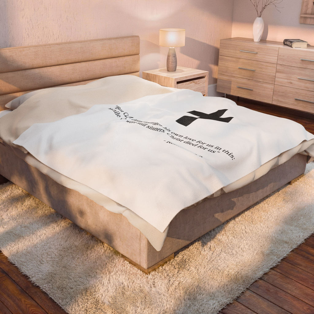 Christian Cross Velveteen Plush Blanket — Romans 5:8 Scripture Throw
