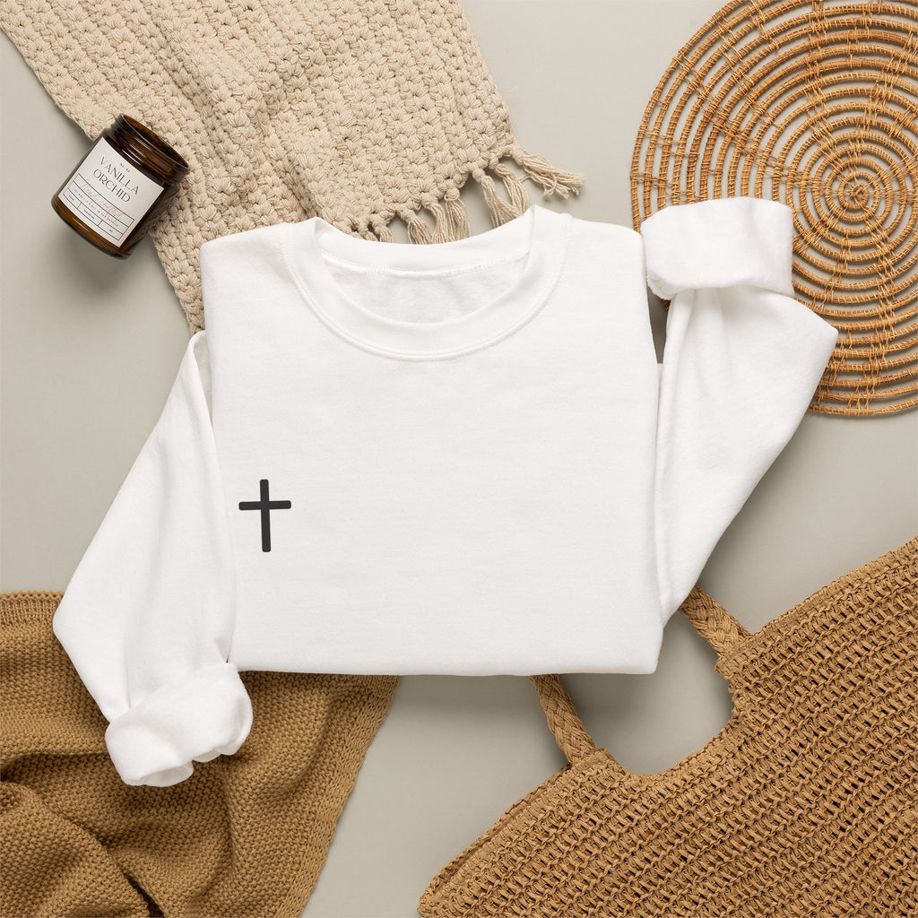 Cross Chest Crewneck Sweatshirt - Minimal Small Cross Christian Pullover