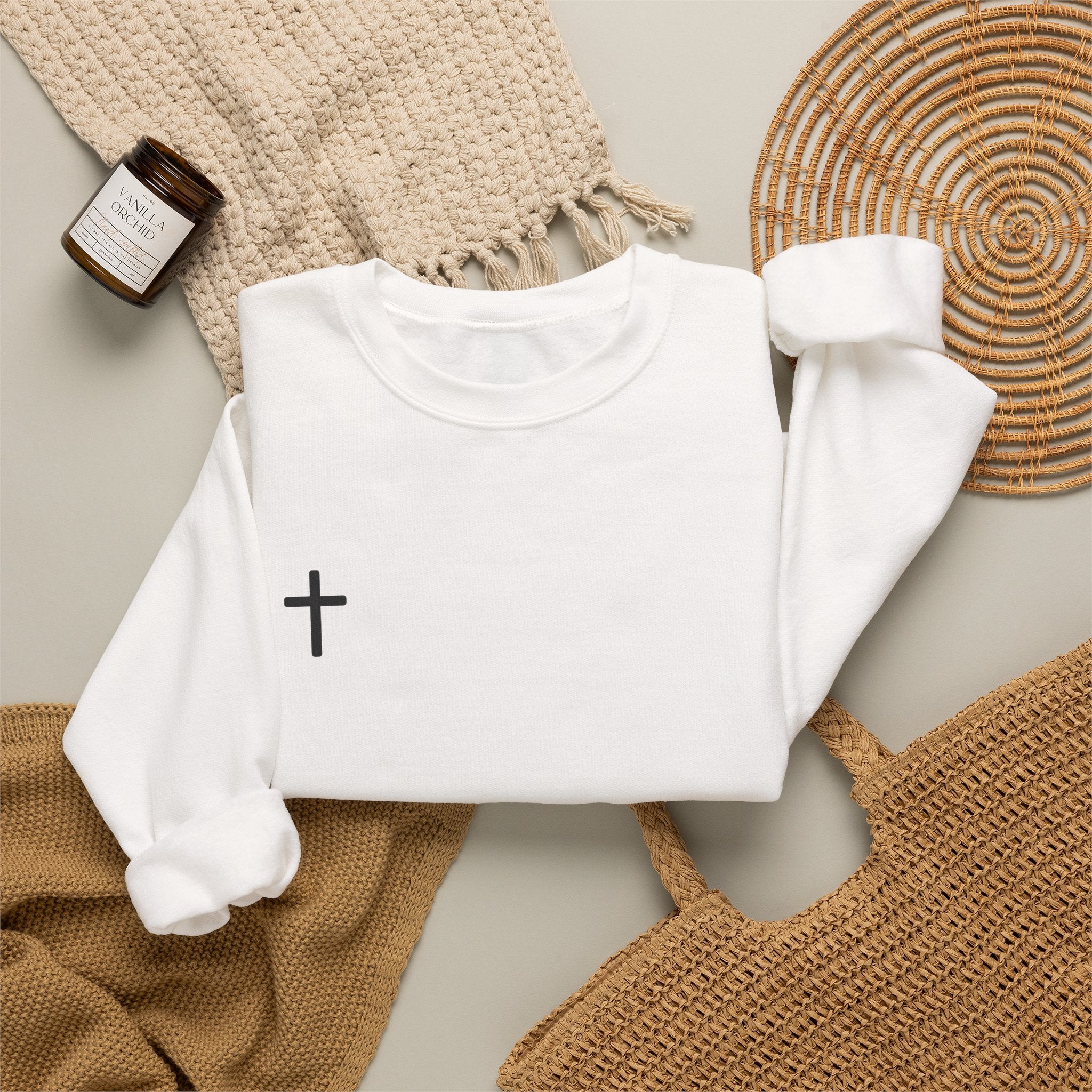 Cross Chest Crewneck Sweatshirt - Minimal Small Cross Christian Pullover