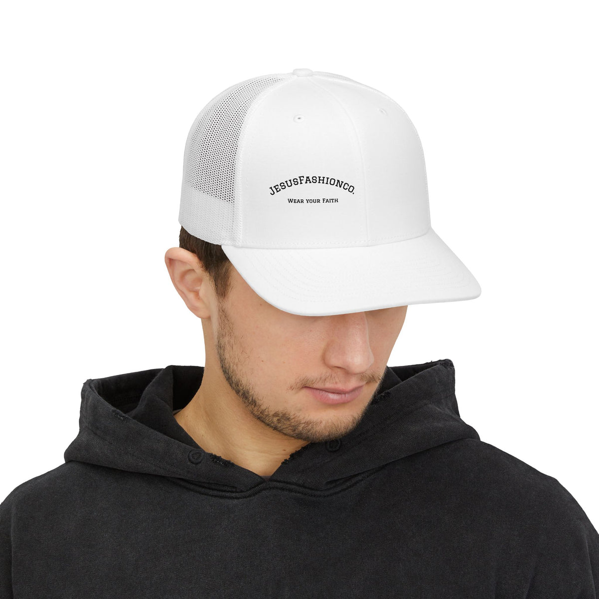 Jesus Fashion Co. Embroidered Trucker Cap — 'What Your Faith' Snapback Hat