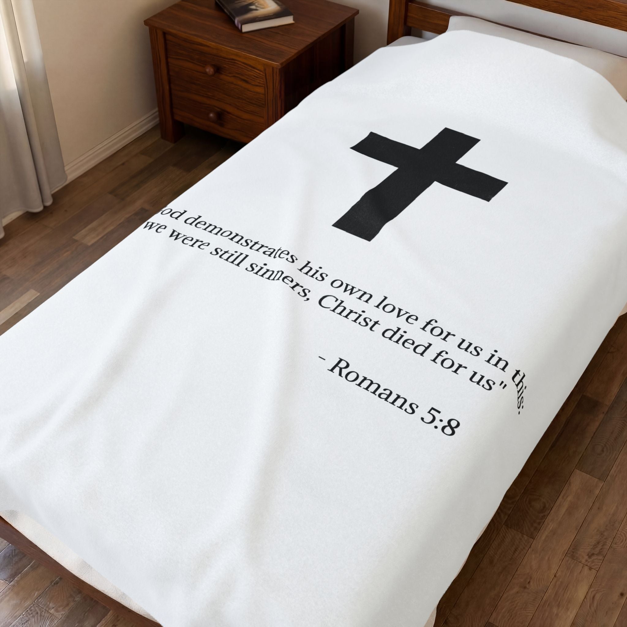 Christian Cross Velveteen Plush Blanket — Romans 5:8 Scripture Throw
