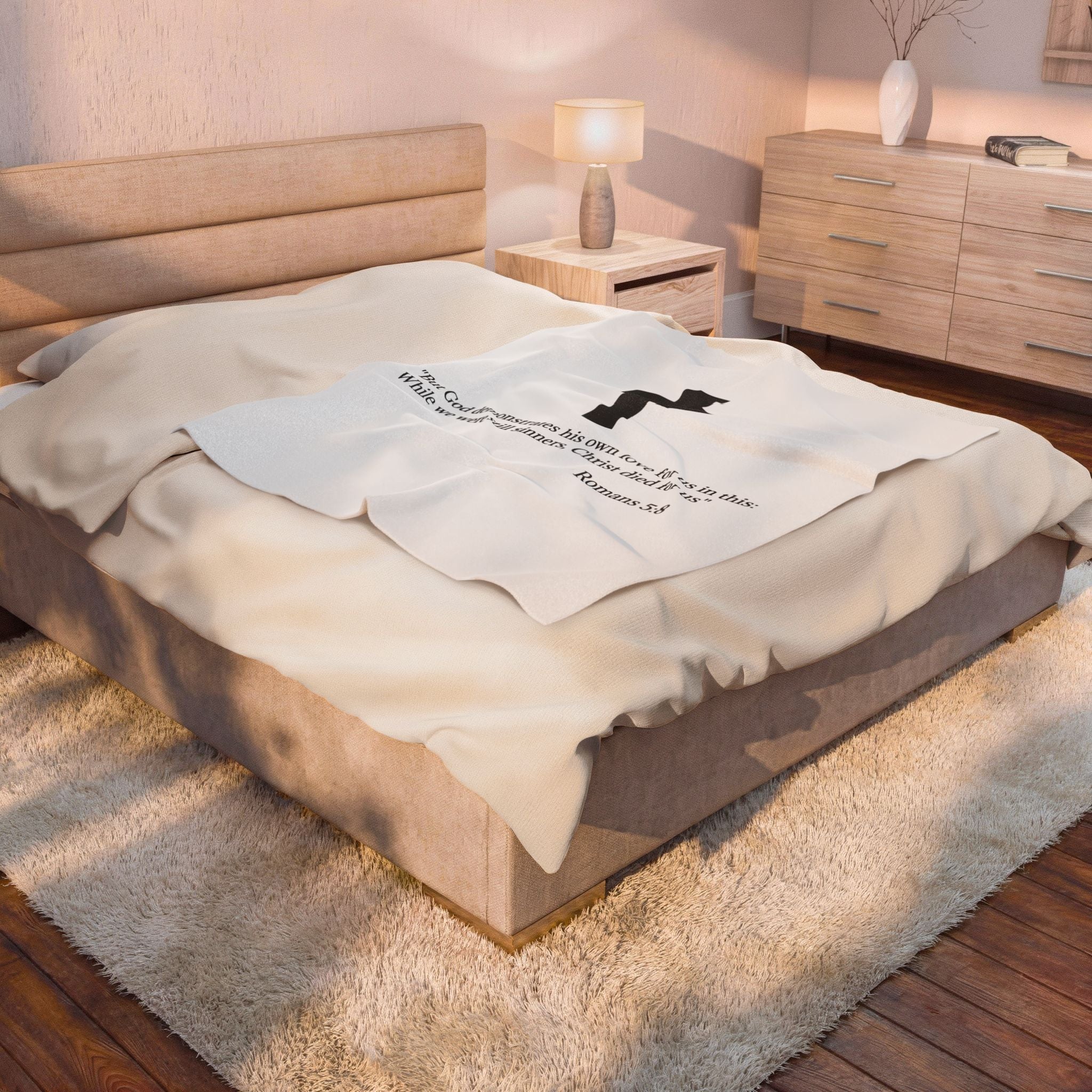 Christian Cross Velveteen Plush Blanket — Romans 5:8 Scripture Throw