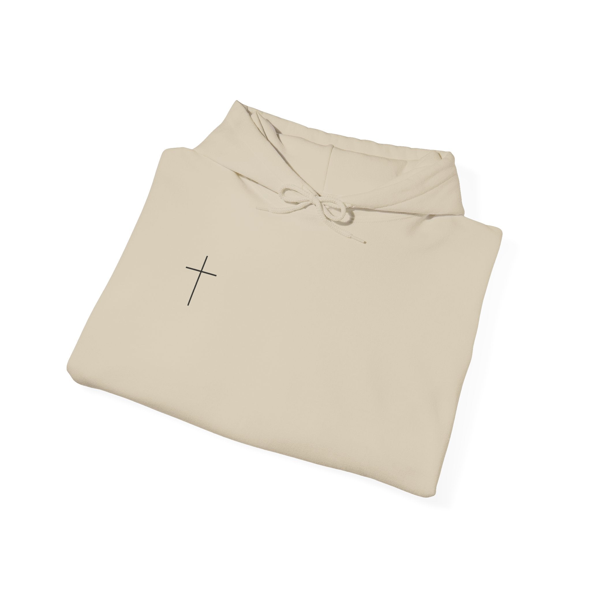 Minimal Cross Hoodie — Small Chest Cross Graphic Pullover