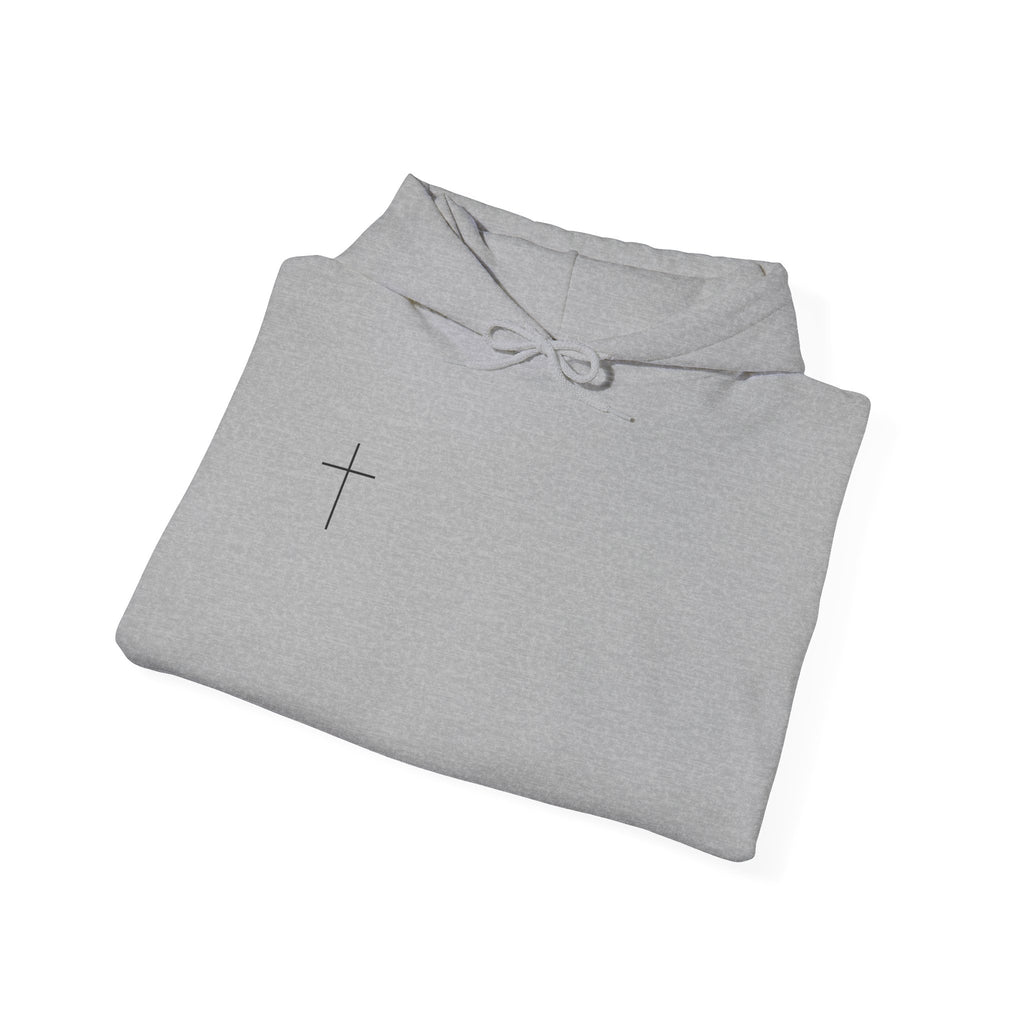 Minimal Cross Hoodie — Small Chest Cross Graphic Pullover