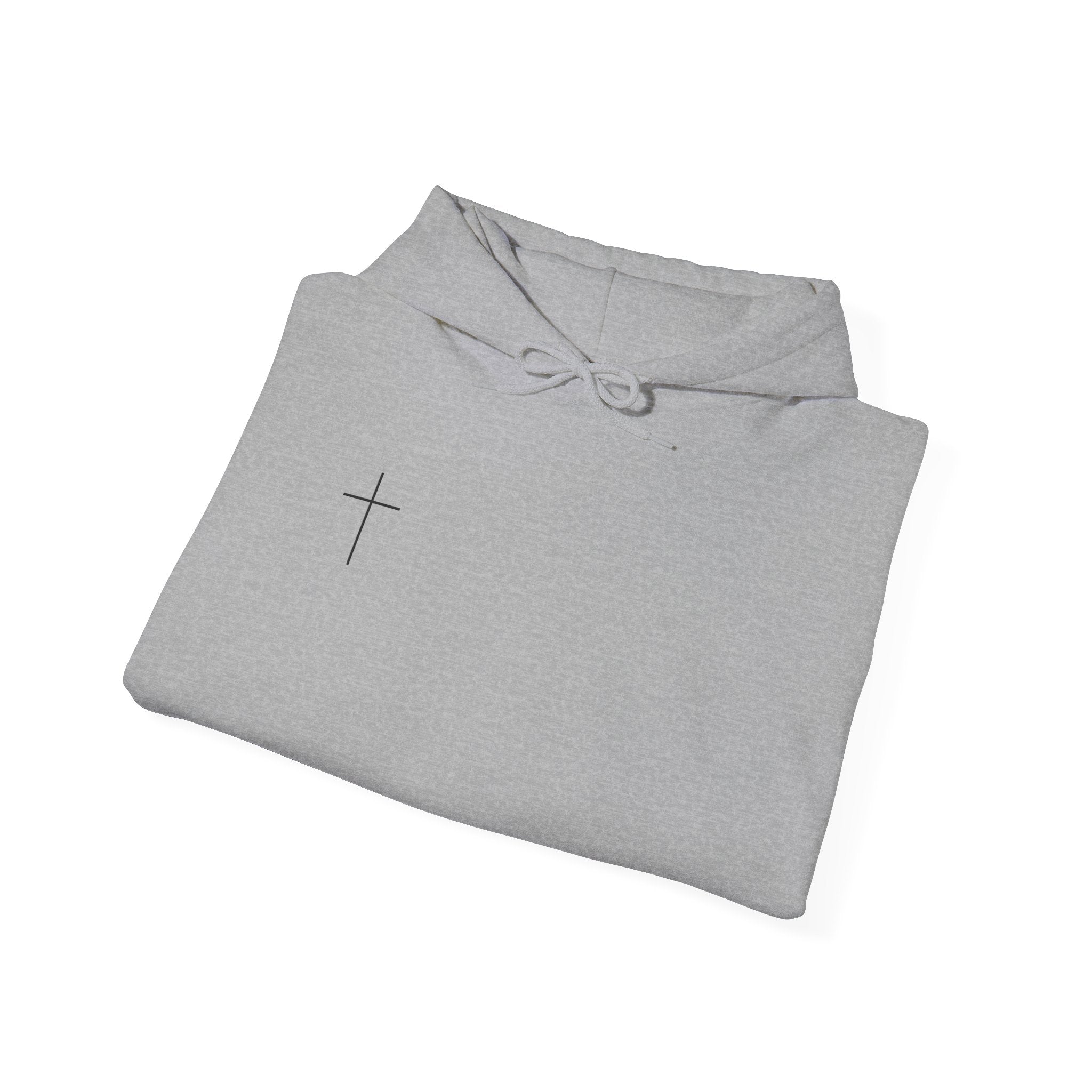Minimal Cross Hoodie — Small Chest Cross Graphic Pullover
