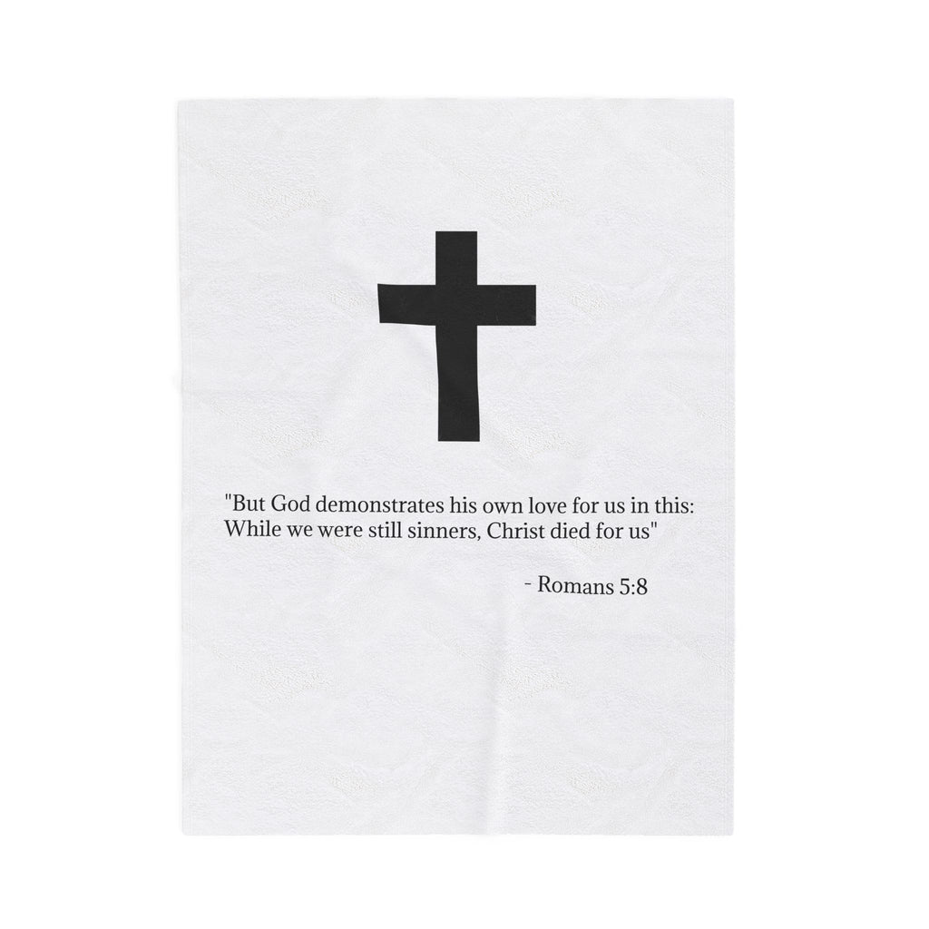 Christian Cross Velveteen Plush Blanket — Romans 5:8 Scripture Throw
