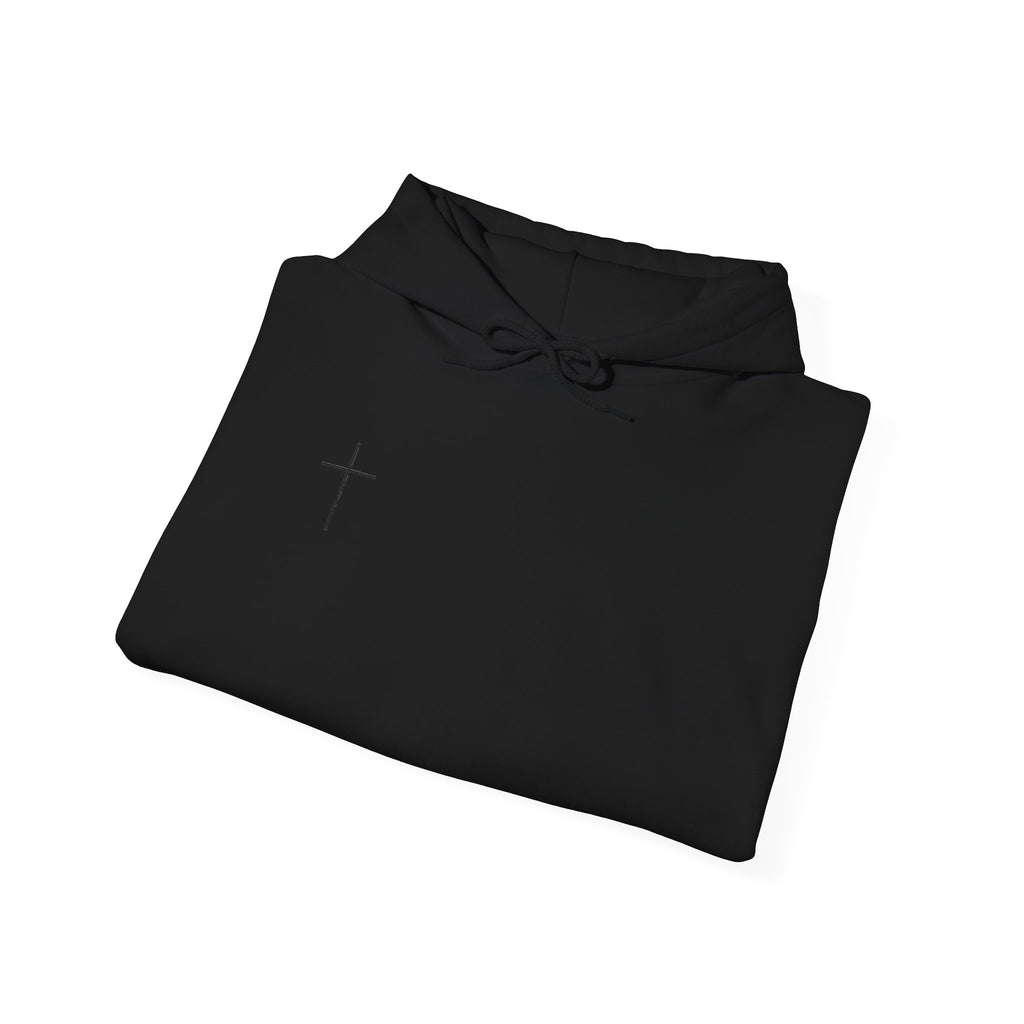 Minimal Cross Hoodie — Small Chest Cross Graphic Pullover