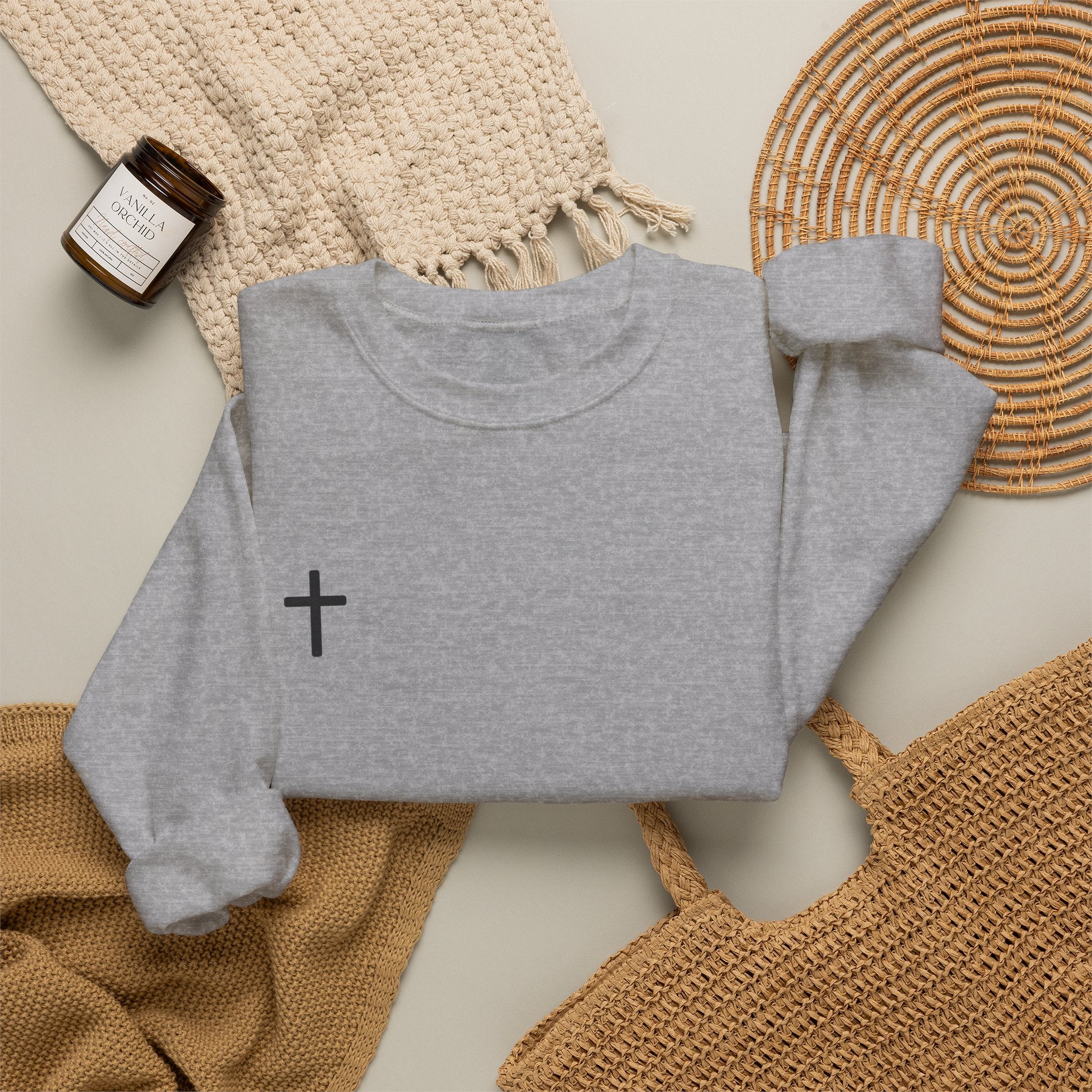 Cross Chest Crewneck Sweatshirt - Minimal Small Cross Christian Pullover